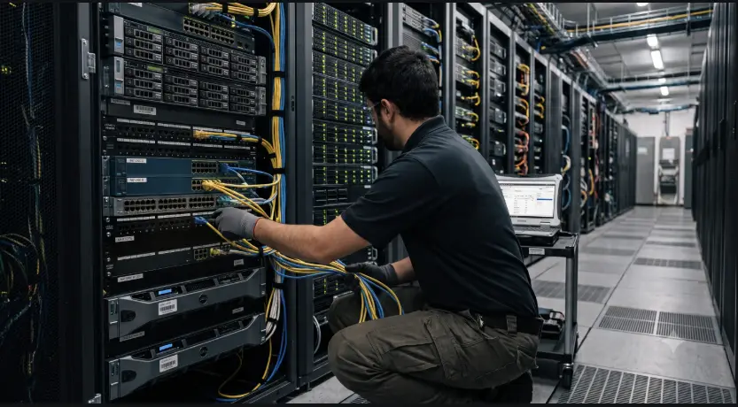 A C&M Networks engineer kneeling to cable a rack of switches in a Northern Virginia data center