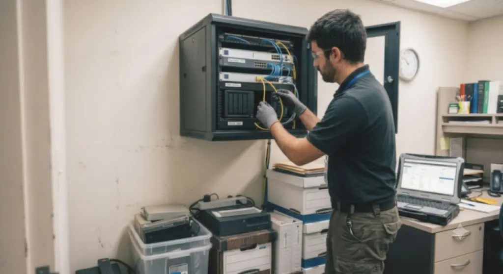 A C&M Networks engineer configuring networking and server equipment for a small business office